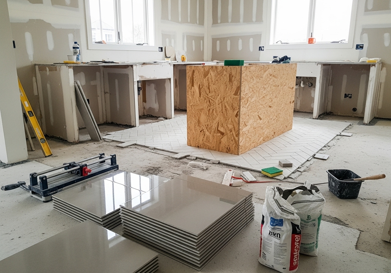 Kitchen under renovation showing cabinet framing, herringbone tile floor partially installed, construction tools, and materials.