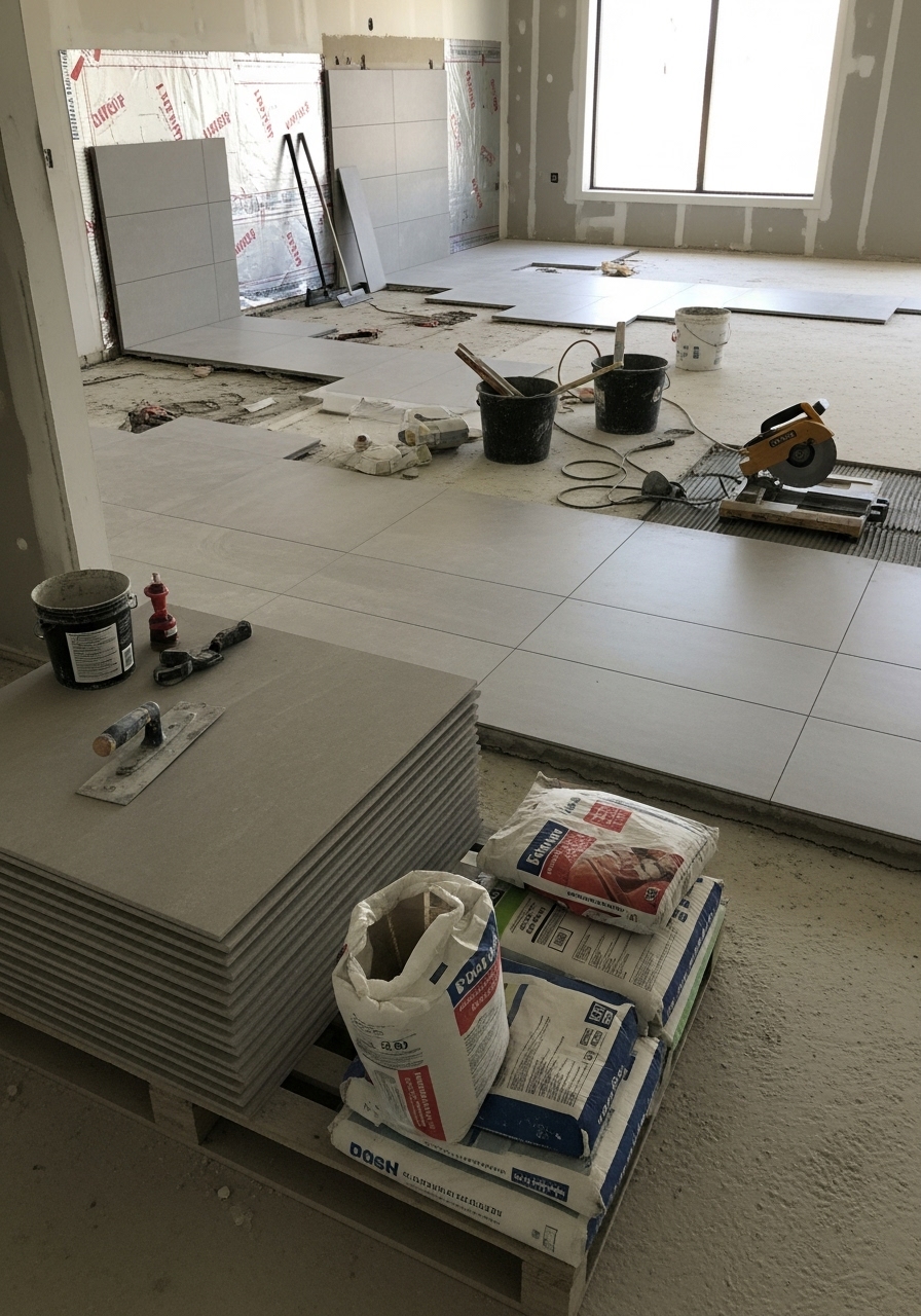 Ongoing tile flooring installation showing stacked tiles, grout bags, construction tools, and partially completed floor in a room under renovation.