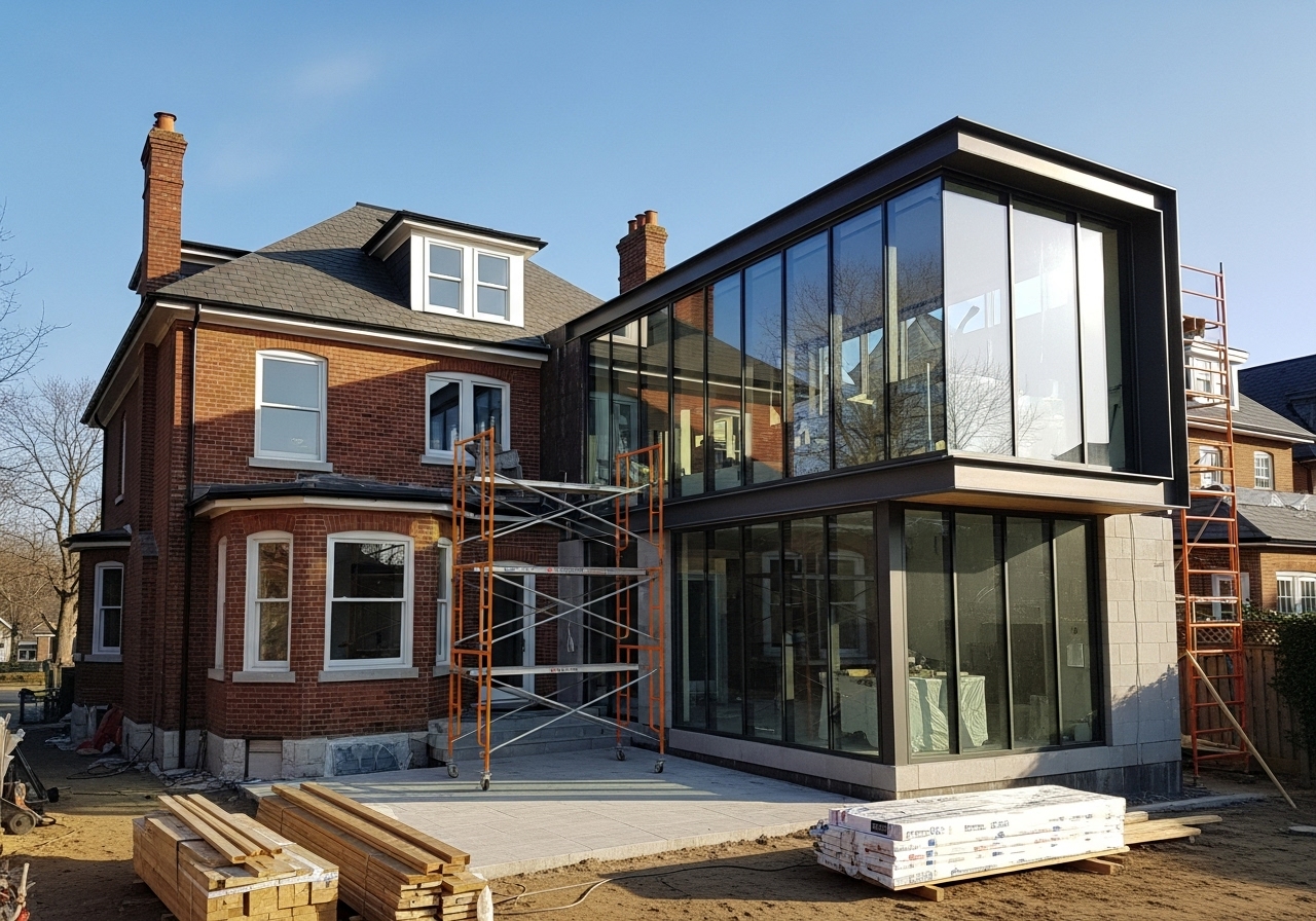A modern glass-walled extension being added to a traditional red brick house, with construction materials and scaffolding on-site.