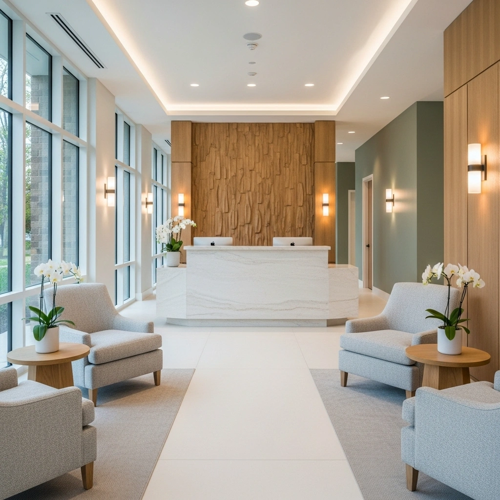 Renovated med spa treatment room in Toronto with textured wave wall panels, LED lighting, white treatment chair, and modern sink area.