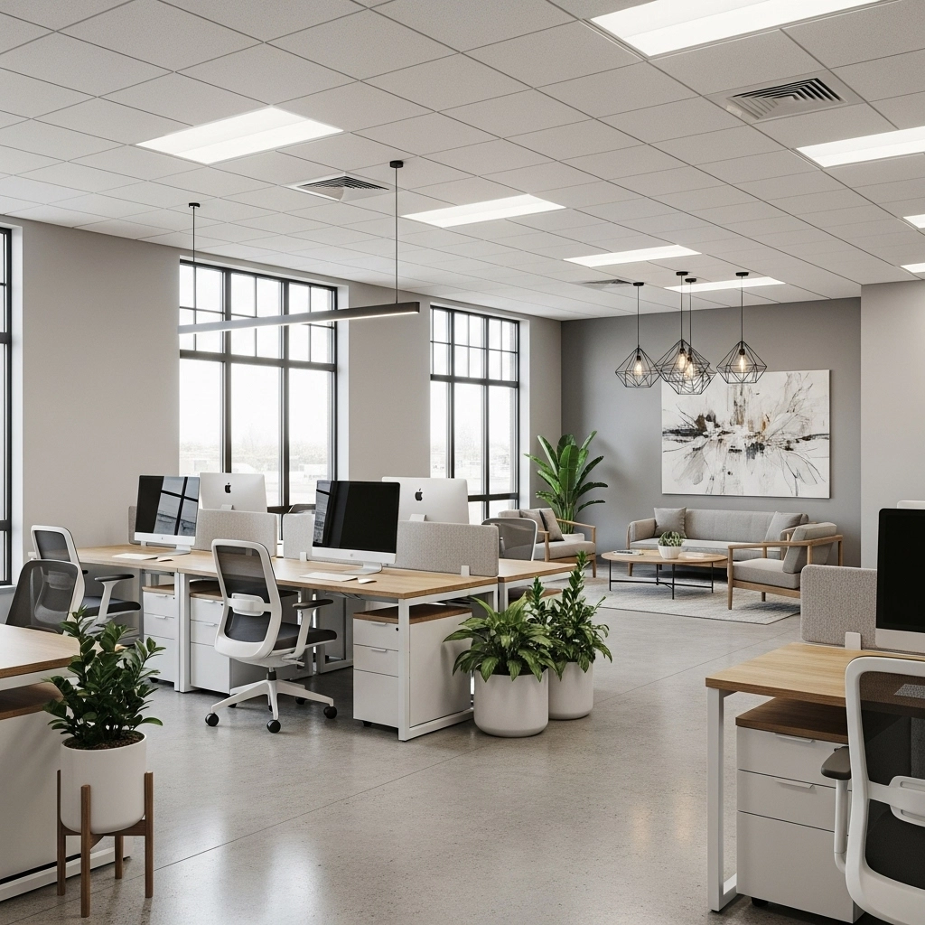 Office renovation in the GTA with construction tools, scaffolding, lighting fixtures, drywall installation, and exposed ceiling work in progress.