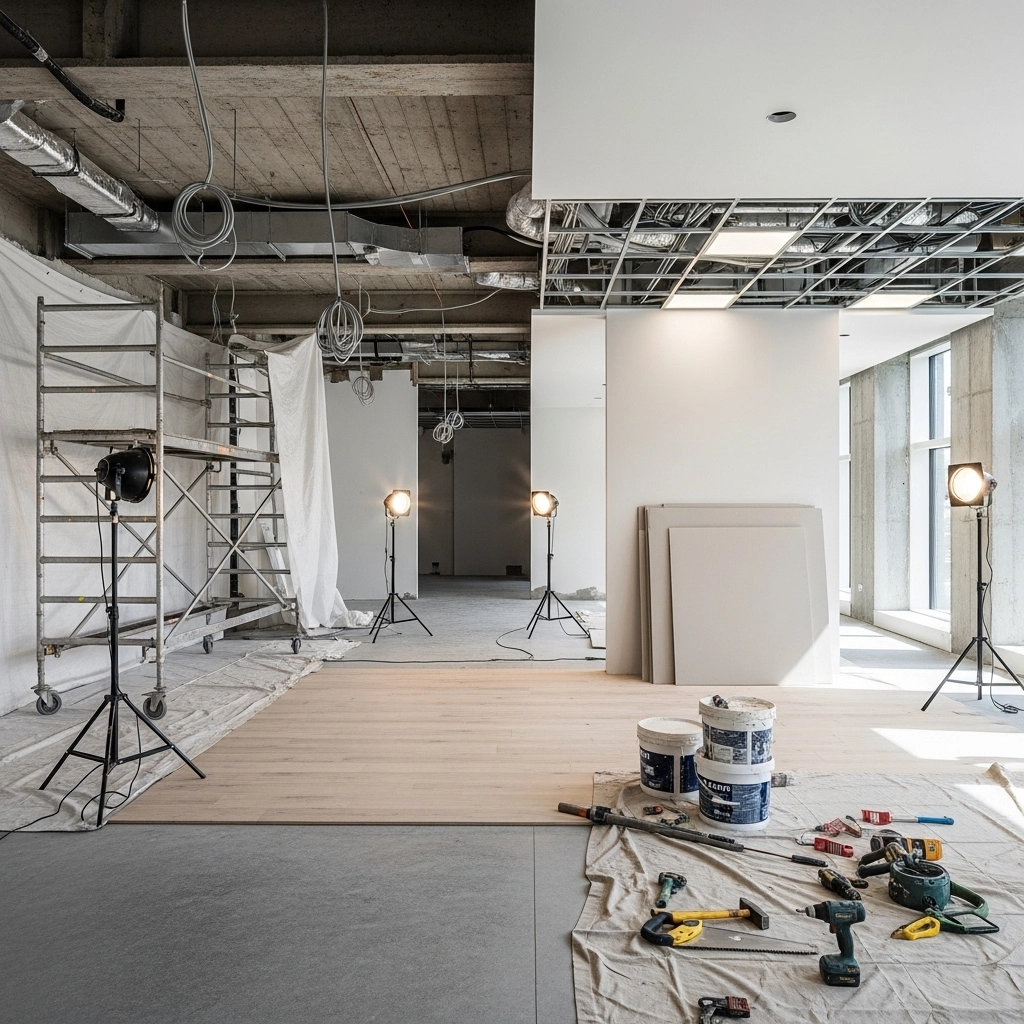 Newly renovated office space in the GTA with modern desks, large windows, ergonomic chairs, greenery, and sleek lighting fixtures.