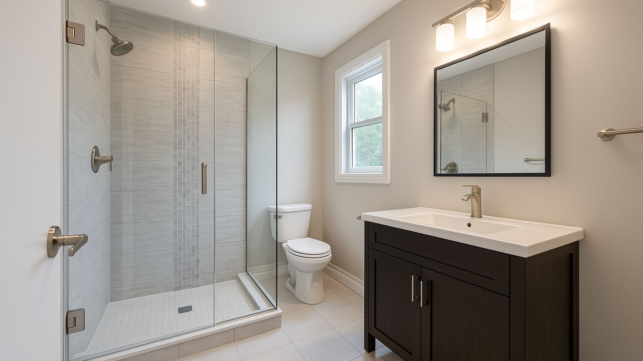 Modern bathroom renovation in Ontario featuring glass shower, single vanity, and neutral tile design