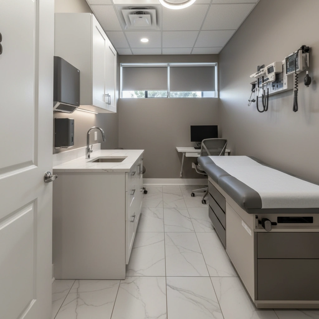 Bright modern clinic renovation in Toronto GTA showcasing a sleek white reception area, updated lighting, and comfortable patient seating.