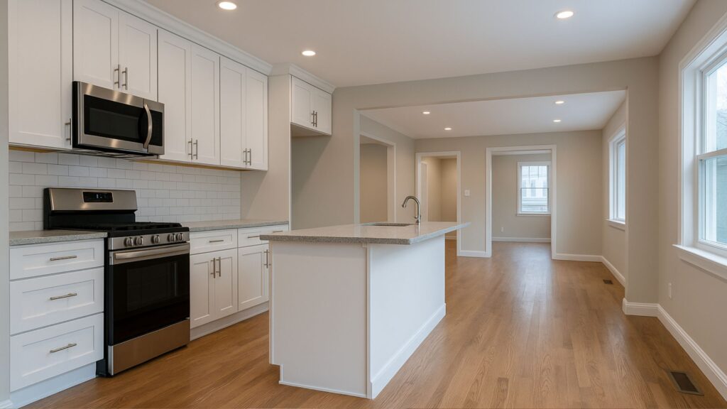 Modern open-concept kitchen and living area showing the results of a complete remodel, representing full house renovation cost in Ontario homes.