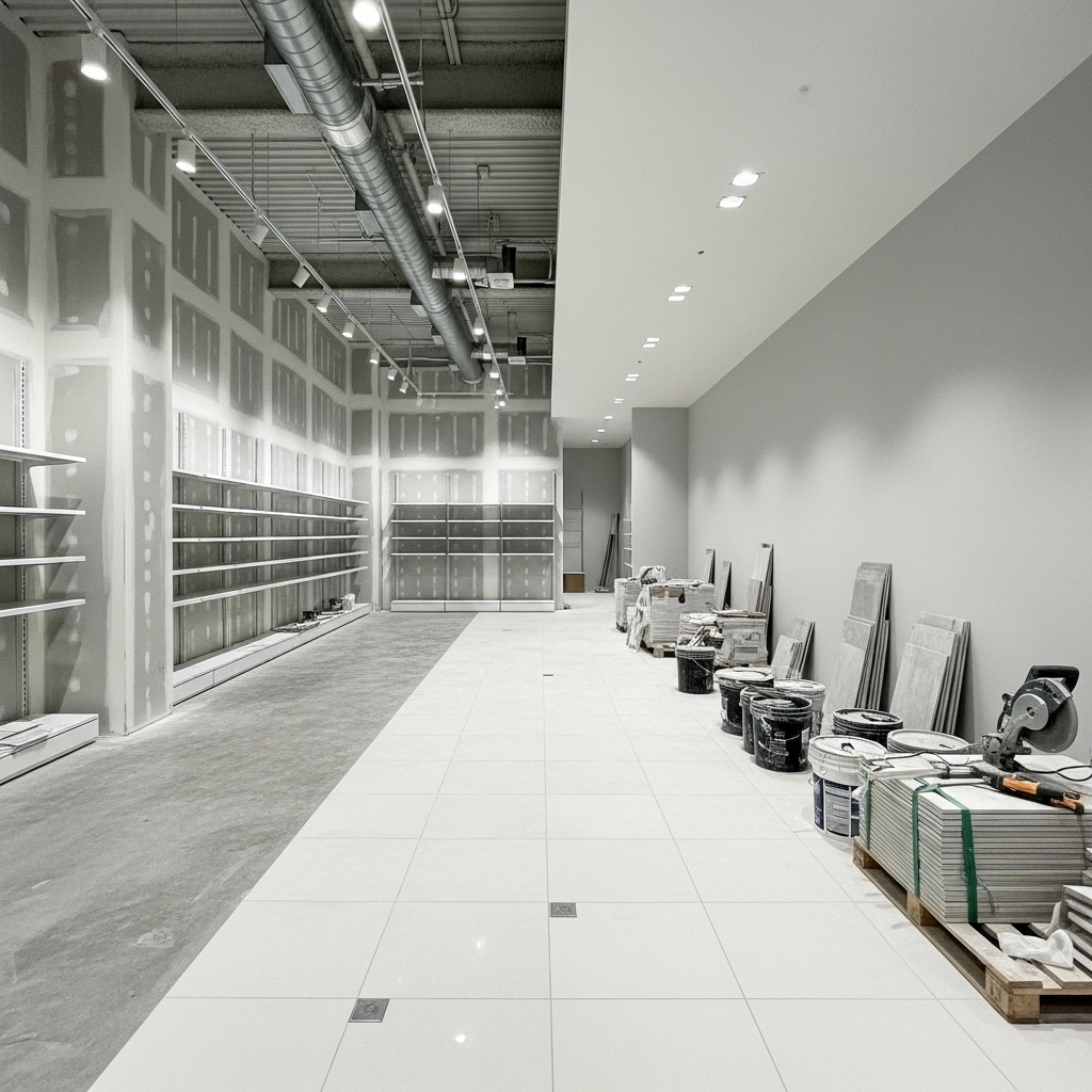 Commercial retail renovation in progress with unfinished drywall walls, exposed HVAC ductwork, tiled flooring installation, and construction materials in a Toronto commercial space