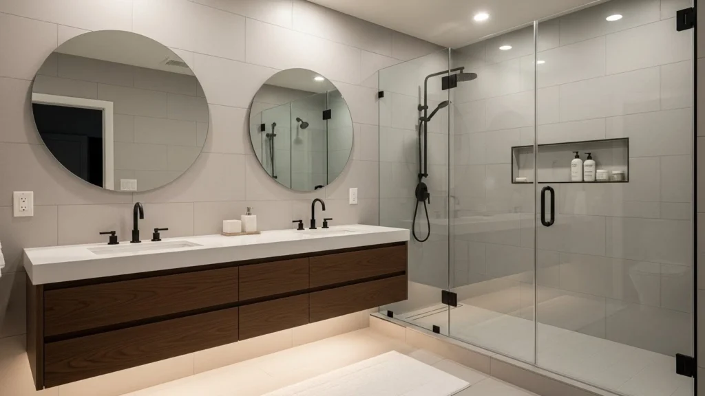 Modern black and white bathroom renovation with glass shower, matte black fixtures, floating vanity, and bold contrast design.