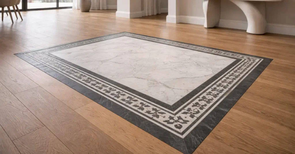 Natural stone feature inset in a Toronto luxury home, showcasing a custom marble and slate “stone rug” embedded seamlessly into hardwood flooring.