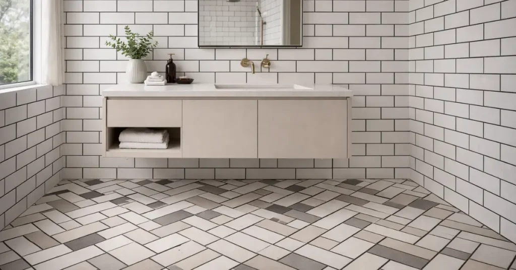 Bold grout contrast design in a modern Toronto interior, featuring white tiles with dark charcoal grout that enhances pattern definition and creates a high-end custom look.
