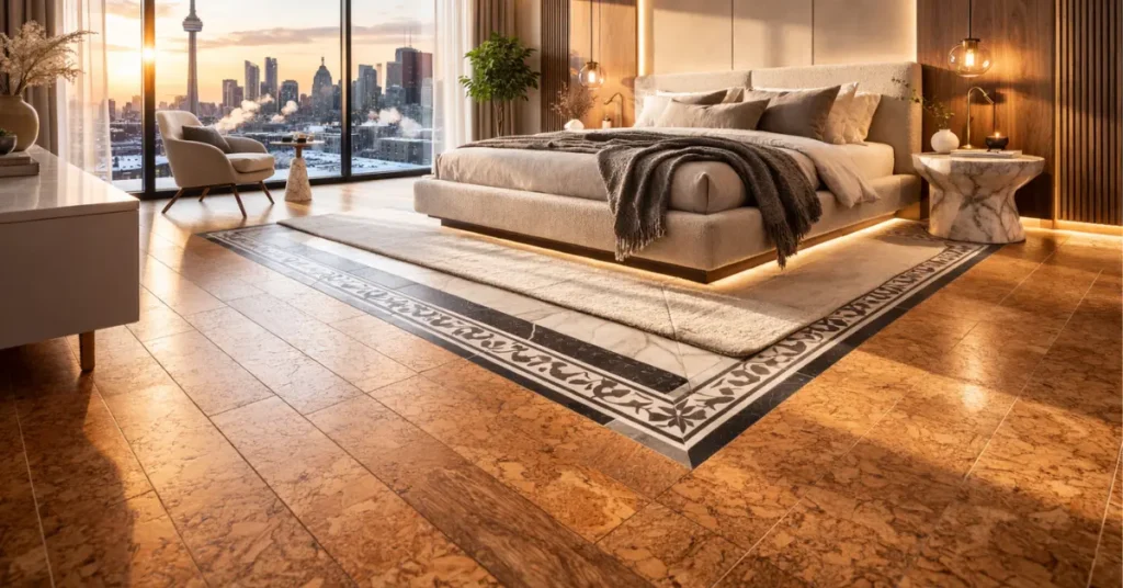 Premium cork flooring in a Toronto luxury penthouse bedroom, featuring seamless matte finish and natural texture for a warm, eco-conscious high-end interior.