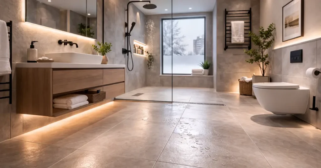 Slip-resistant porcelain tiles in a modern Toronto condo bathroom, featuring a micro-textured matte finish that improves wet-floor grip while keeping a spa-like luxury look.