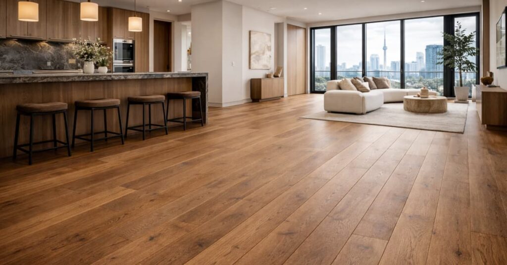Extra-wide plank flooring in a Toronto condo, featuring 10-inch boards that reduce seams, enhance natural wood grain, and create a clean, spacious look.