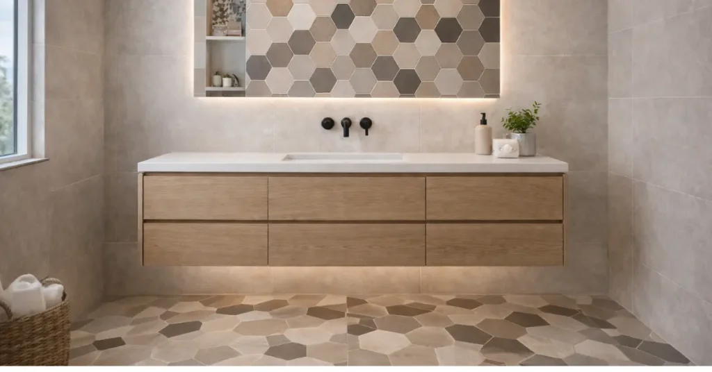 Geometric accent tile feature in a modern Toronto bathroom, showcasing hexagon mosaic detail behind a floating vanity for a stylish architectural focal point.