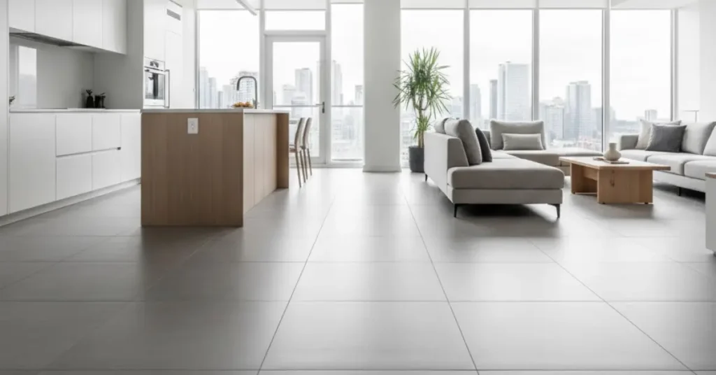 Large-format porcelain floor tiles in a modern Toronto home, featuring oversized stone-look slabs with minimal grout lines for a seamless, spa-like luxury interior.