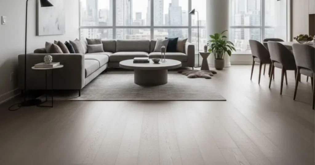 Matte low-sheen wood flooring in a modern Toronto condominium, diffusing natural light to hide scratches and footprints while creating a sophisticated, low-maintenance luxury interior.