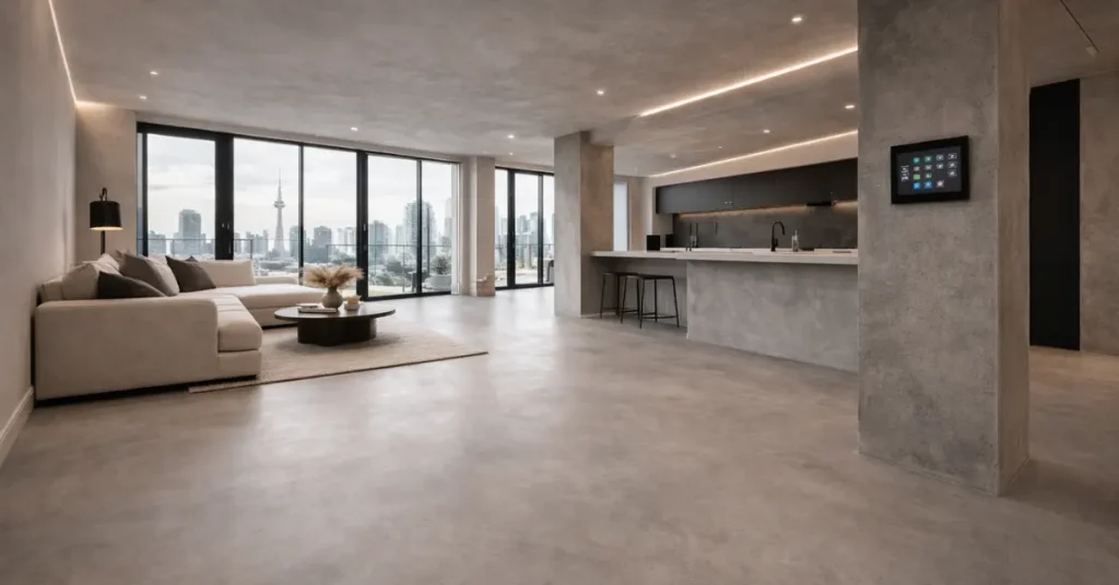 Seamless micro-cement flooring in a modern Toronto smart home, featuring a continuous waterproof surface with an industrial-chic minimalist aesthetic.