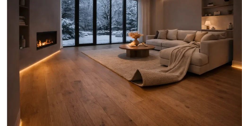Radiant-heating-compatible engineered hardwood flooring in a Toronto townhouse, installed over hydronic underfloor heating for seamless winter warmth and modern luxury comfort.