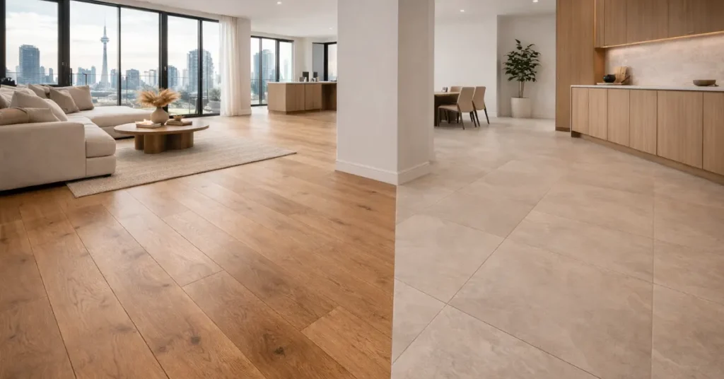 Seamless mixed-material floor transition in a Toronto home, featuring flush hardwood and tile connection without metal dividers for a clean, modern aesthetic.