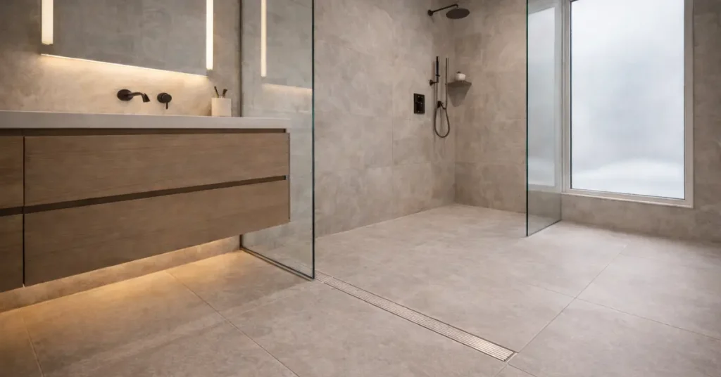Slip-resistant porcelain tiles in a modern Toronto bathroom, featuring micro-textured matte surface and curbless walk-in shower for safe, spa-like luxury.