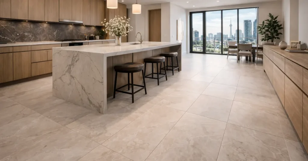 Stone-look porcelain tiles in a Toronto kitchen renovation, showcasing marble-style veining with a durable, non-porous finish for elegant and low-maintenance flooring.