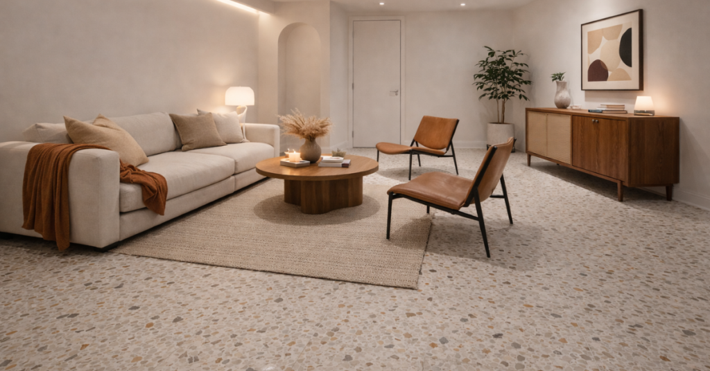 Terrazzo-inspired flooring in a Toronto basement renovation, showcasing multi-colored stone chips that add texture, personality, and a retro-modern charm.