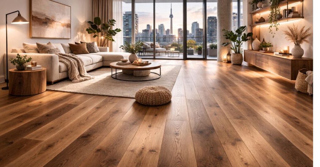 Warm natural wood tone flooring in a Toronto condo living room, featuring honey oak and caramel walnut brown-forward neutrals that create a cozy, inviting winter-ready interior.