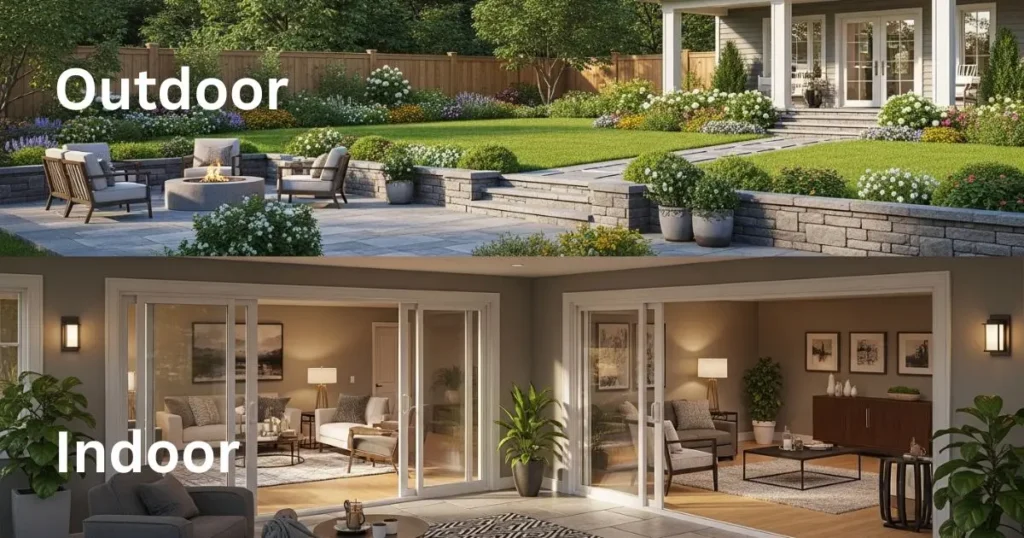 Indoor outdoor basement walkout design showing seamless transition between renovated basement living space and backyard patio