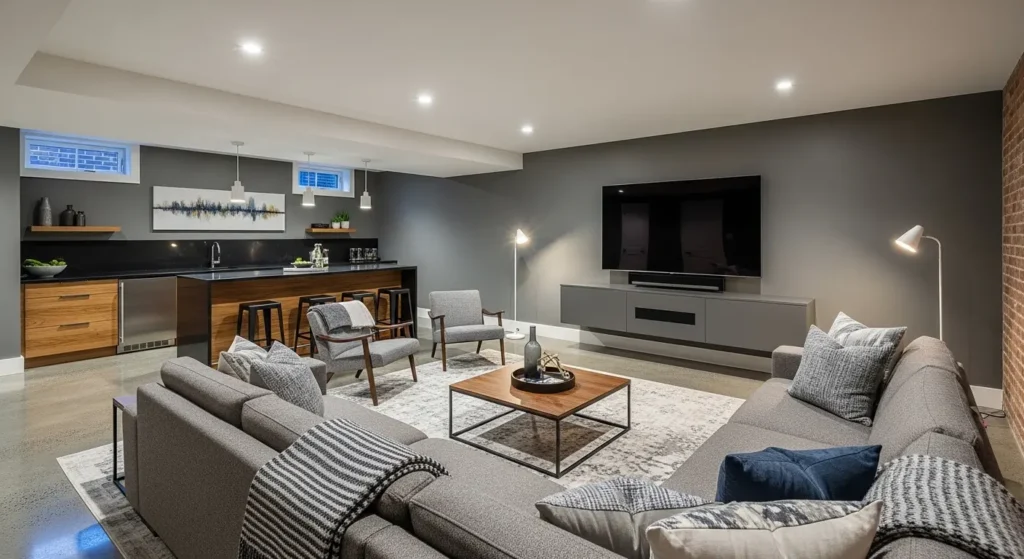 Toronto basement renovation with modern open concept layout, wet bar, recessed lighting and contemporary living area design