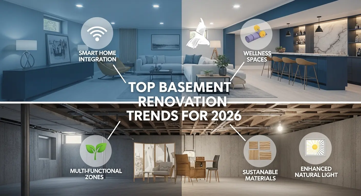 Top basement renovation trends for 2026 showing smart home, wellness spaces, lighting, sustainable zones
