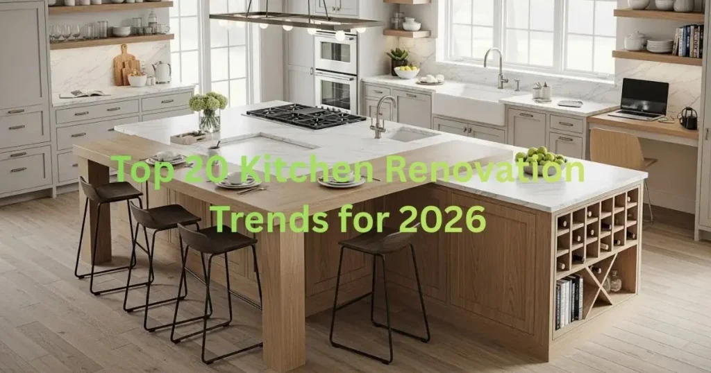 Toronto kitchen renovation trends 2026 with modern white cabinetry, large wood island, quartz countertops and built-in wine storage