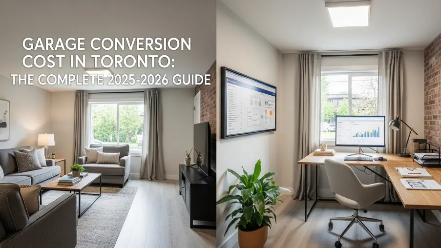 Garage conversion project in Toronto showing before and after transformation into living space