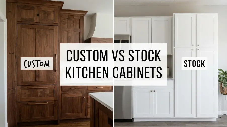 Comparison of custom and stock kitchen cabinets for design flexibility, cost, and storage options
