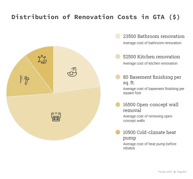 Cost comparison of common GTA home renovations including kitchens, bathrooms, basements, windows, flooring, and energy-efficient upgrades