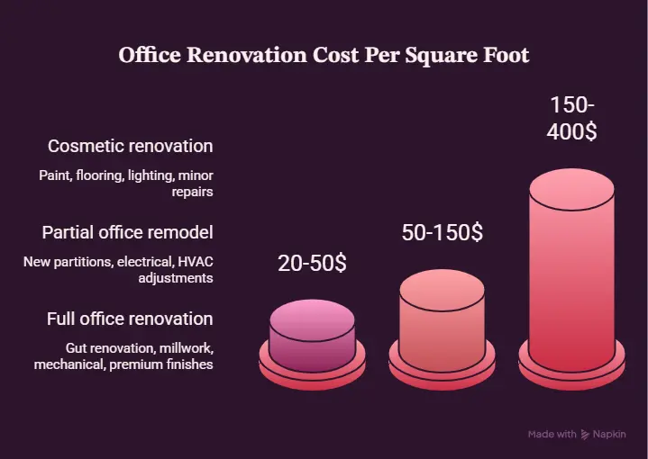 Breakdown of office renovation costs by different project types such as interior, electrical, and flooring upgrades