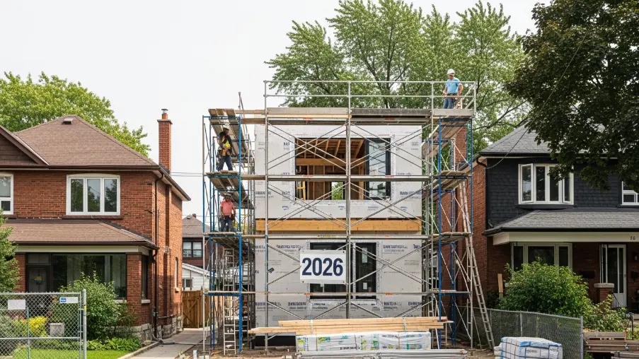 Residential house in Toronto with second floor addition under construction showing structural framing