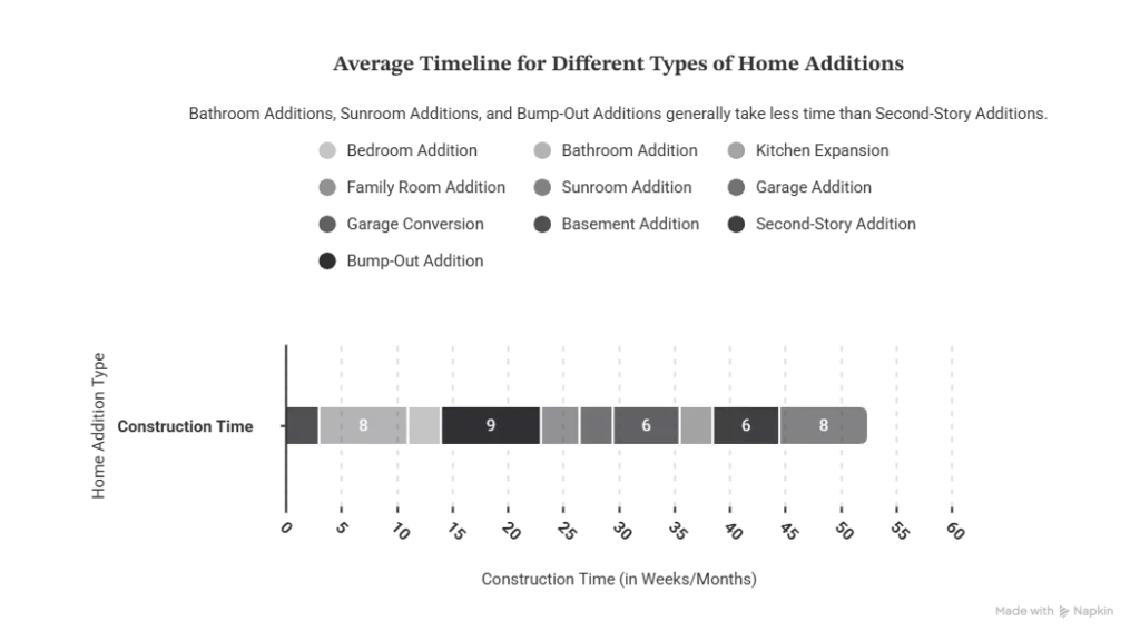 Construction timeline comparing different types of home additions, including room additions, second-storey additions, garage conversions, sunrooms, and basement expansions