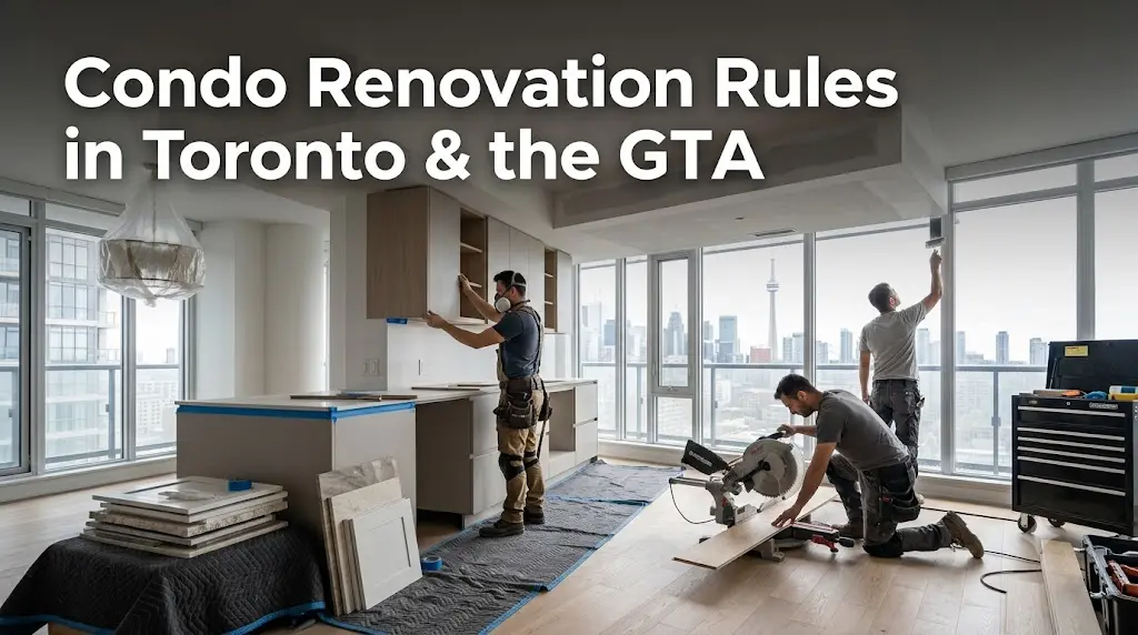 Toronto condo renovation showing contractor reviewing building rules, permits, renovation guidelines, and property management requirements before starting work