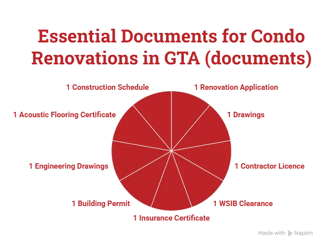 Home renovation documents including building permits, contractor agreements, insurance, renovation plans, and approval paperwork prepared before construction