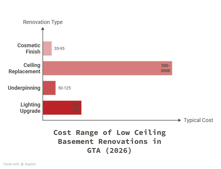 Cost breakdown for renovating a low-ceiling basement, including framing, insulation, drywall, flooring, lighting, and code-compliant upgrades