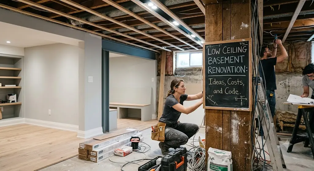 Renovated low-ceiling basement featuring space-saving design ideas, lighting, flooring, and code-compliant finishing solutions
